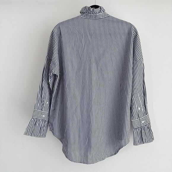 Alex Mill Top Womens XS Blue White Striped Easy Ruffle Frill Neck Cotton Career - Picture 5 of 11